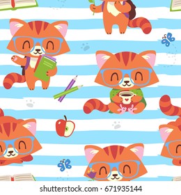 vector cartoon style kawaii nerd cat seamless pattern