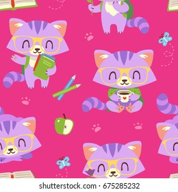vector cartoon style kawaii nerd cat seamless pattern