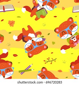 vector cartoon style kawaii nerd fox welcome back to school seamless pattern