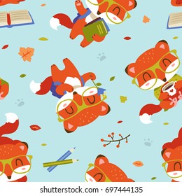 vector cartoon style kawaii nerd fox welcome back to school seamless pattern