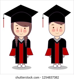 Vector cartoon style kids characters in graduation robe toga cap. Boy and girl pupil isolated on white background. illustration