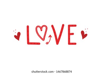 Vector cartoon style lettering word love with hearts and dots decoration for St. Valentines Day design.
