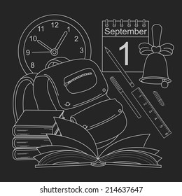 Vector cartoon style, line-art, blackboard, school icons: clock, calendar, bell, pencil, pen, eraser, ruler, schoolbag, books, open book