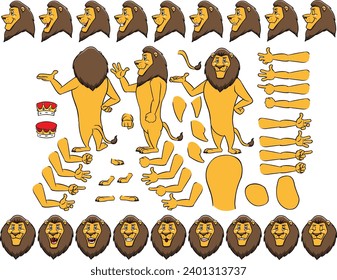 Vector cartoon style lion character for animation. Different emotions, gestures and poses. Isolated vector illustration.