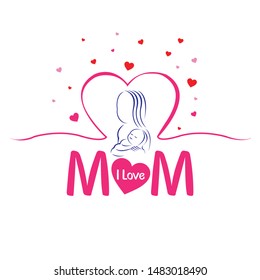 Vector cartoon style and I Love Mom typographic for Mother's day greeting card template on white background - Vector.