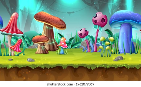 Vector cartoon style magic mushroom background.