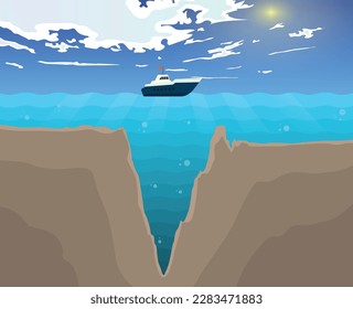 Vector cartoon style mariana trench sea illustration with sky, clouds, sun, boat