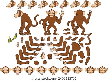 Vector cartoon style monkey character for animation. Different emotions, gestures and poses. Isolated vector illustration.