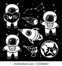 vector cartoon style monochrome cosmonaut  set