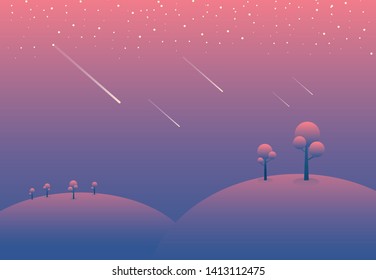 Vector cartoon style Mountains and sky at night
