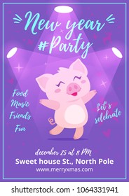 Vector cartoon style New Year party poster template with happy dancing pink pig on violet background. 