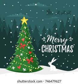 Vector cartoon style New Year greeting card with snowy forest background and Christmas tree decorated with toys.