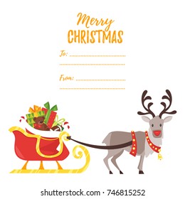 Vector cartoon style New Year greeting card with Santa Claus's reindeer pulling a sleigh with holiday red bag full of presents.