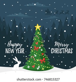 Vector cartoon style New Year greeting card with snowy forest background and Christmas tree decorated with toys.