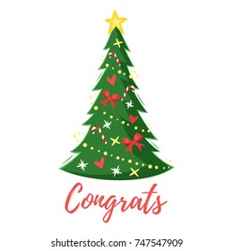 Vector cartoon style New Year greeting card with Christmas tree decorated with toys.