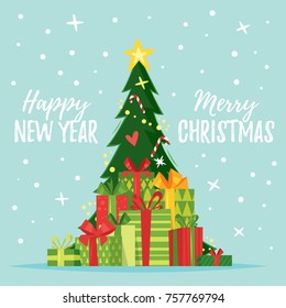 Vector cartoon style New Year greeting card with Christmas tree decorated with toys.