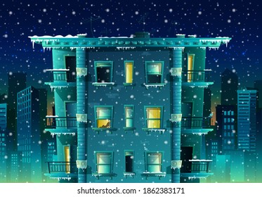 Vector cartoon style night winter city with snow flakes background. Building with many floors and windows with balconies.