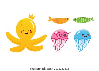 Vector cartoon style octopus in crown, jellyfish and colorful fishes cute and smiling characters for sea life design.