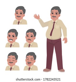 Vector cartoon style office worker man with set of face expression