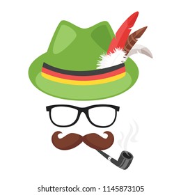 Vector cartoon style Oktoberfest element or carnival mask. Festive  traditional hat, mustache and smoking pipe. Decoration items for your selfie photo and video chat filter. 
