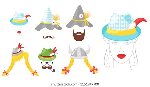 Vector cartoon style Oktoberfest elements or carnival masks, traditional hats, beards and smoking pipe. Decoration items for your selfie photo and video chat filter. 