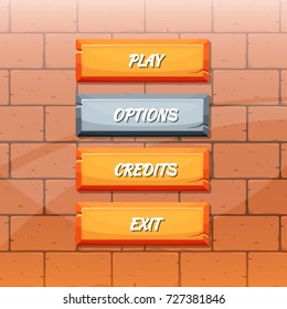 Vector cartoon style orange stone buttons with text for game design on brick texture background illustration