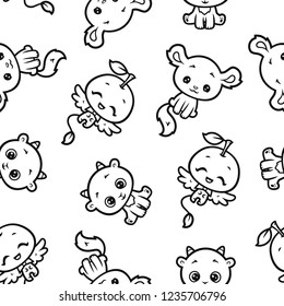 vector cartoon style  outline fantastic creature seamless pattern