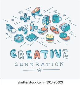 Vector cartoon style outline generation creative illustration isometric collection