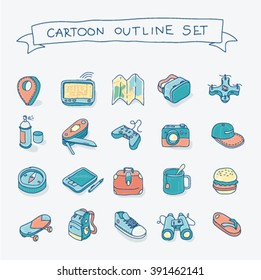 Vector cartoon style outline teen travel street icon set