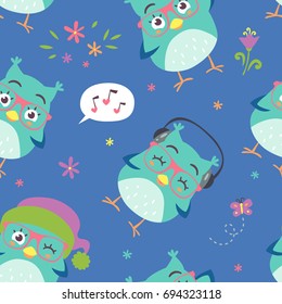 vector cartoon style owl blue seamless pattern
