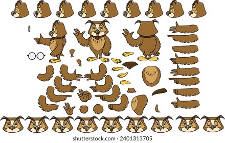 Vector cartoon style owl character for animation. Different emotions, gestures and poses. Isolated vector illustration.