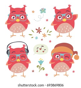 vector cartoon style owl set