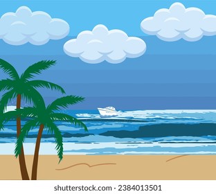 Vector cartoon style paradise island. Seamless landscape with sea shore. Good sunny day. Horizontal background. Ready for parallax effect for web, games and animation.