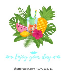 Vector cartoon style Paradise summer design for season postcard or poster with floral composition with tropical leaves, flowers and pineapple. Colorful vibrant template for print. Enjoy your day text.