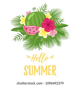 Vector cartoon style Paradise summer design for season postcard or poster with floral composition with tropical leaves, flowers an watermelon. Colorful vibrant template for print.