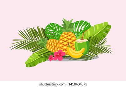 Vector cartoon style Paradise summer design for season postcard or poster with floral composition with tropical leaves, flowers and pineapple. Colorful vibrant template for print. vector.