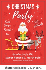 Vector cartoon style party poster with Santa Claus holding a Christmas and New Year present and a reindeer with a sleigh on red background. 
