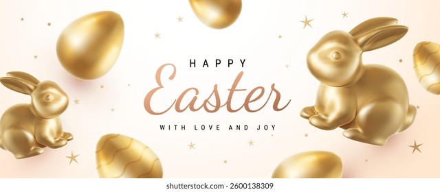 Vector cartoon style pattern design with golden egg and rabbit on white background with word Happy Easter. 3d holiday illustration with realistic shine golden egg and bunny for holiday easter hunt