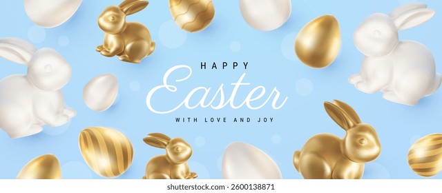 Vector cartoon style pattern design with golden egg and ceramic rabbit on color background. 3d Happy Easter illustration with realistic golden egg and porcelain bunny for holiday easter hunt banner