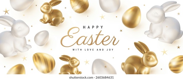 Vector cartoon style pattern design with golden egg and ceramic bunny on white color background. 3d Happy Easter illustration with realistic shine golden egg and porcelain rabbit for easter hunt card