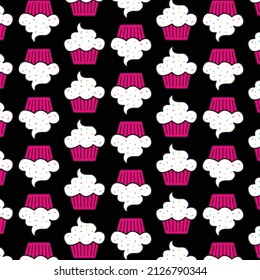 Vector cartoon style pattern with sweet cupcake. Yummy dessert decorated with candies and pink icing on black background.
