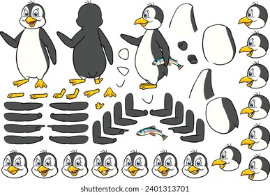 Vector cartoon style penguin character for animation. Different emotions, gestures and poses. Isolated vector illustration.