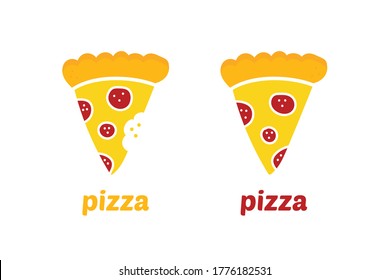 Vector cartoon style pepperoni pizza slice icons, whole and with teeth bite marks. Pizza delivery, fast food design.
