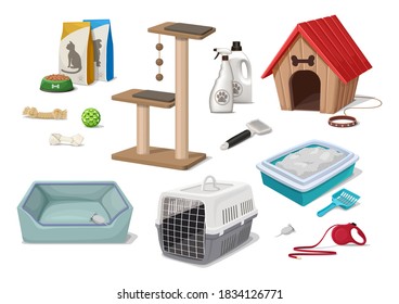 Vector cartoon style pet shop supermarket dog and cat litter, house, play tree, toys,grooming tools, food pack.
