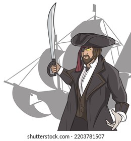Vector cartoon style pirate. ship background