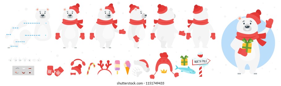 Vector cartoon style polar bear character for animation. Different emotions and winter symbols. Isolated on white background.