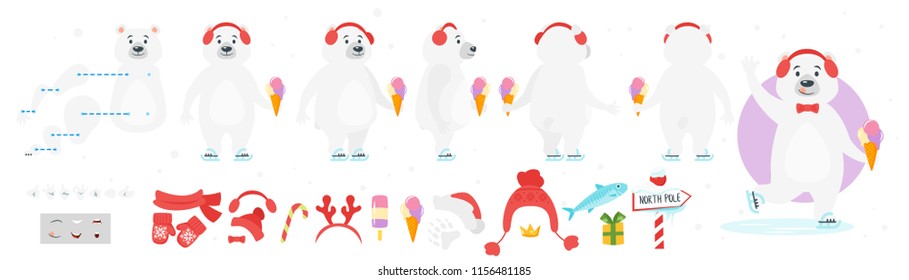 Vector cartoon style polar bear character for animation. Different emotions and winter symbols. Isolated on white background.