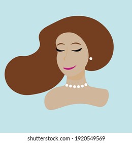 Vector cartoon style portrait of a smiling woman with brown hair and pink lips, with closed eyes, wearing pearl earrings and necklace.