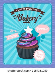 Vector cartoon style poster with sweet cupcake. Muffin isolated on white background. Yummy space colored dessert decorated with star.