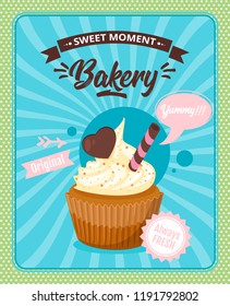 Vector cartoon style poster with sweet cupcake. Muffin isolated on white background. Yummy dessert decorated with candy and chocolate heart.